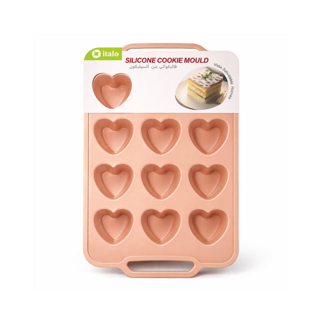 Silicone cookie mould with heart shapes on a white background