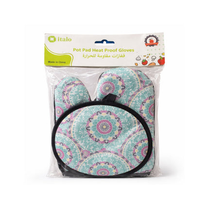 Packaged set of heat proof gloves with a colorful pattern on a white background