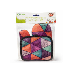 Colorful patterned pot holder and heat proof gloves in packaging with 'italo' branding.