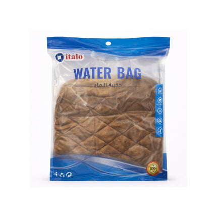 Packaged water bag with blue and white label on a white background