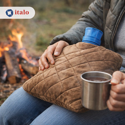 Person holding a hot water bottle and cup by a campfire, with italo logo.