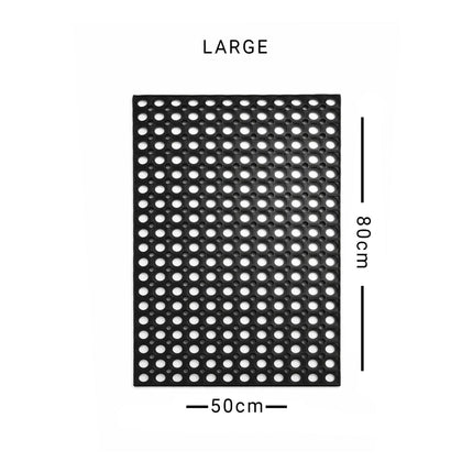 Black perforated mat with dimensions 50cm x 80cm on a white background