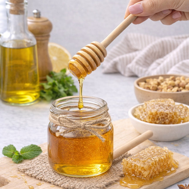 Honey being drizzled from a wooden dipper into a jar on a table with honeycomb and ingredients.