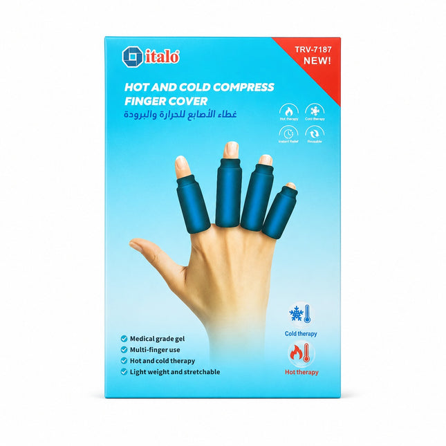A retail box of Italo Hot and Cold Compress Finger Cover, model TRY-7187, featuring a light blue background with a graphic of a hand wearing blue compression sleeves.