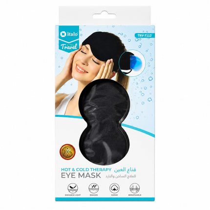 A packaged Italo Travel Hot & Cold Therapy Eye Mask, model TRV-7152, featuring a black silicone mask visible through a clear window on a white and light blue retail box.