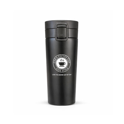 Black travel mug with a logo on a white background