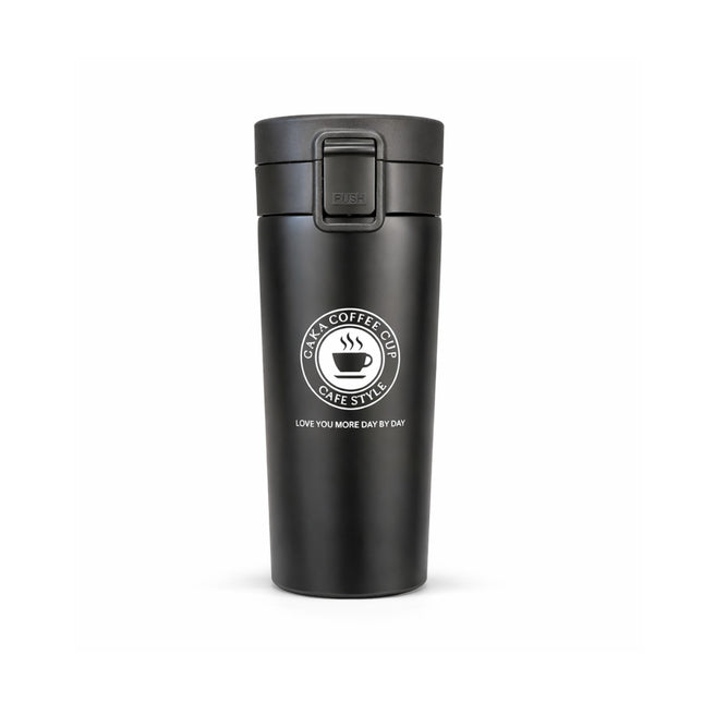 Black travel mug with a logo on a white background