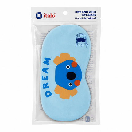 A light blue eye mask in its clear plastic packaging, featuring a cartoon koala face with orange and yellow accents and the word 'DREAM' printed vertically. The packaging header displays the brand name 'italo' and product text.