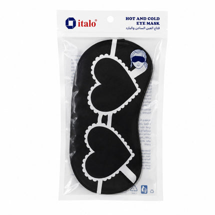 A black eye mask with three white heart-shaped cutouts, packaged in a clear plastic bag with a white header card labeled 'italo HOT AND COLD EYE MASK'.