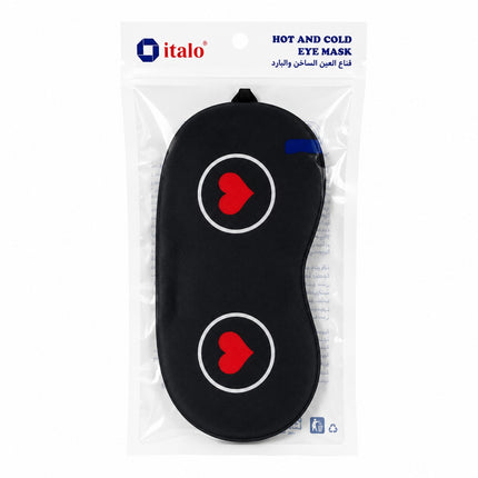 A black eye mask with two red heart logos inside its clear plastic packaging, branded with 'italo'.