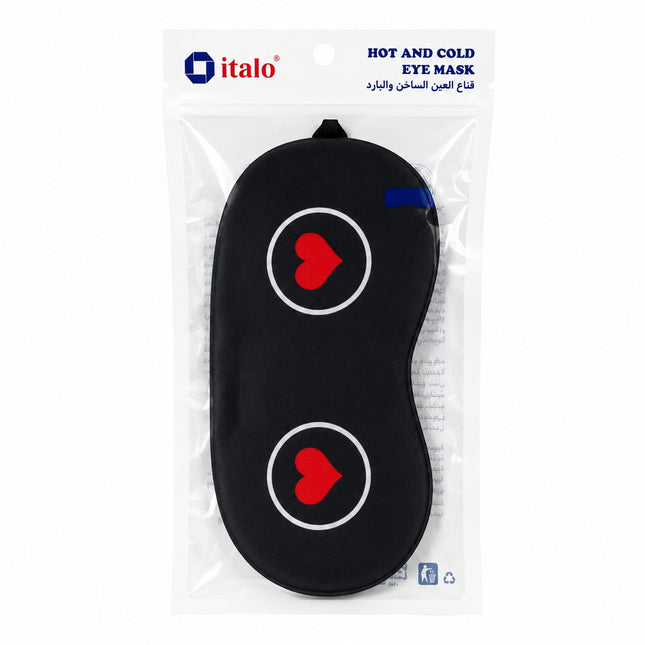 A black eye mask with two red heart logos inside its clear plastic packaging, branded with 'italo'.