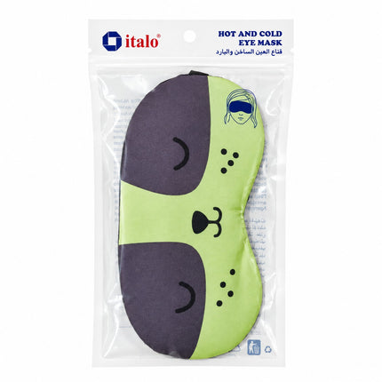 A packaged Italo hot and cold eye mask featuring a cartoon cat face design in lime green and dark gray, sealed in a clear plastic bag with a white header card.