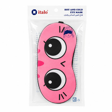 A pink Italo hot and cold eye mask with a cartoon face design, packaged in a clear plastic bag with a white header card.