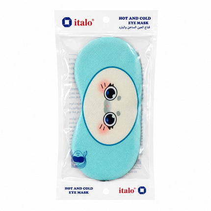 A light blue plush hot and cold eye mask by italo, packaged in a clear plastic bag with a white header card. The eye mask features a cute cartoon face with blue eyes, black eyelashes, and pink cheeks on a cream-colored oval patch.