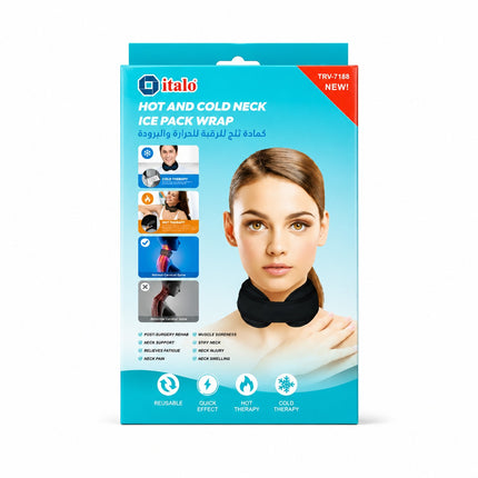 A retail box of Italo Hot and Cold Neck Ice Pack Wrap, featuring a model wearing the black neck wrap on the front cover, set against a plain white background.
