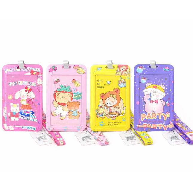 Four colorful children's name tags with cartoon designs on a white background
