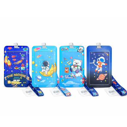 Set of four colorful card holders with cartoon designs on a white background