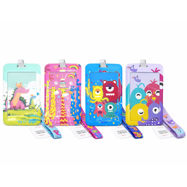 Set of colorful children's name tags with cartoon designs on a white background