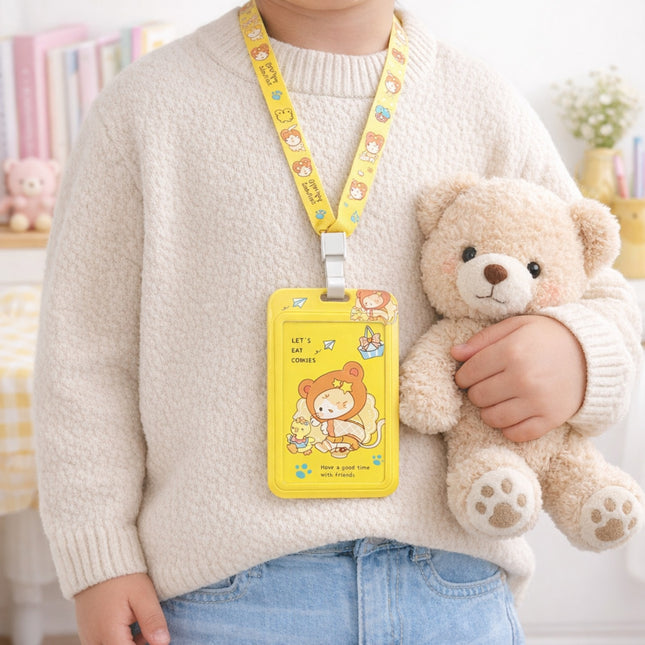 Child holding a teddy bear with a yellow lanyard featuring a cartoon character.