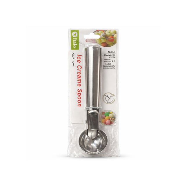 Ice cream scoop in packaging with brand logo on a white background