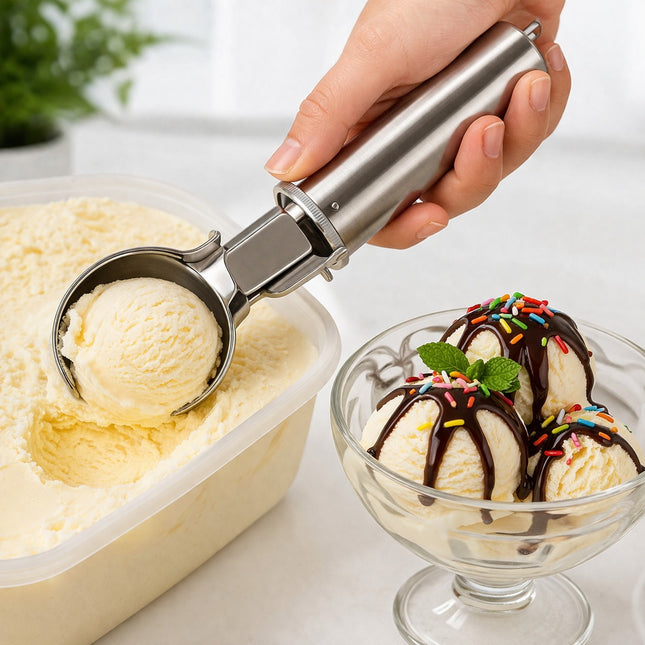 Hand using a metal ice cream scoop to serve vanilla ice cream into a bowl with toppings.