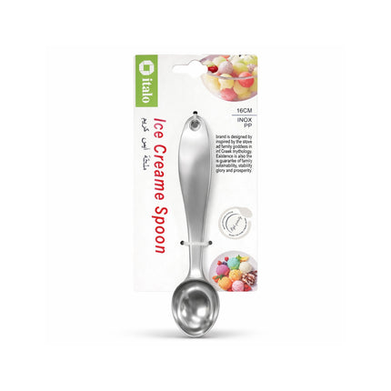Ice cream spoon with packaging featuring colorful illustrations of ice cream.