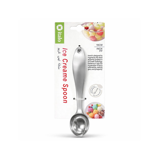 Ice cream spoon with packaging featuring colorful illustrations of ice cream.