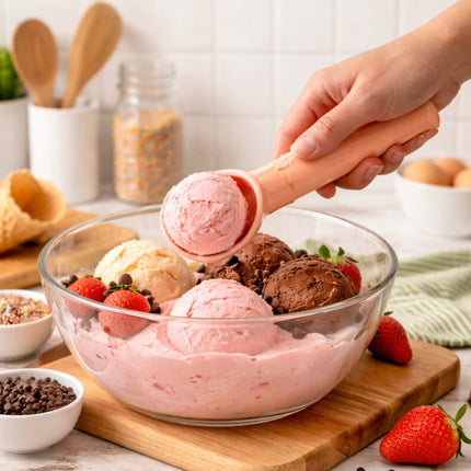 Glass bowl with strawberry ice cream and a hand using a pink ice cream scoop.