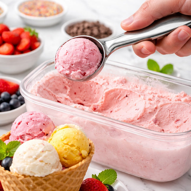 Container of pink ice cream with a scoop being taken, surrounded by ice cream cones and berries.