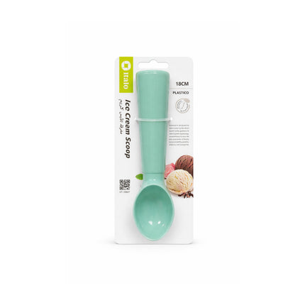 Green ice cream scoop in packaging on a white background
