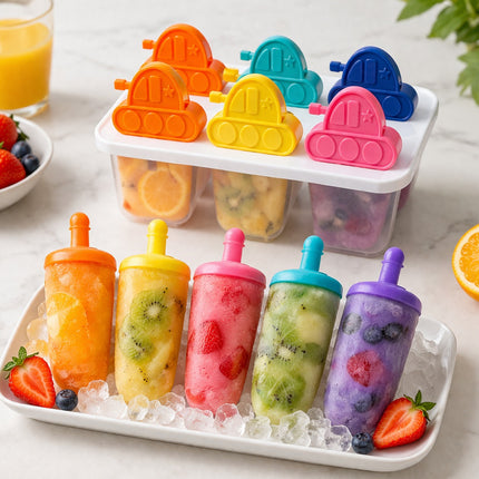 Colorful popsicles in molds and on a tray with ice, surrounded by fruits.
