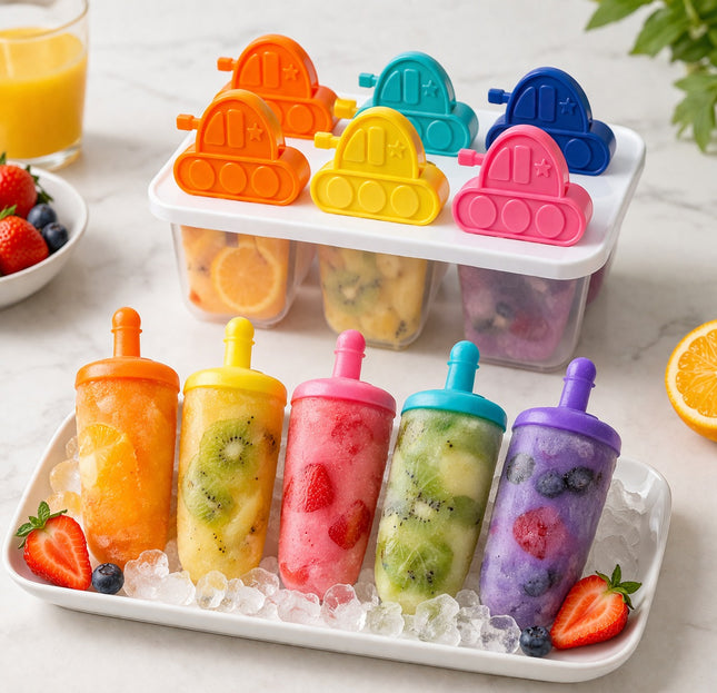 Colorful popsicles in molds and on a tray with ice, surrounded by fruits.