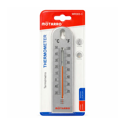 Motarro thermometer packaging with temperature scale on a white background