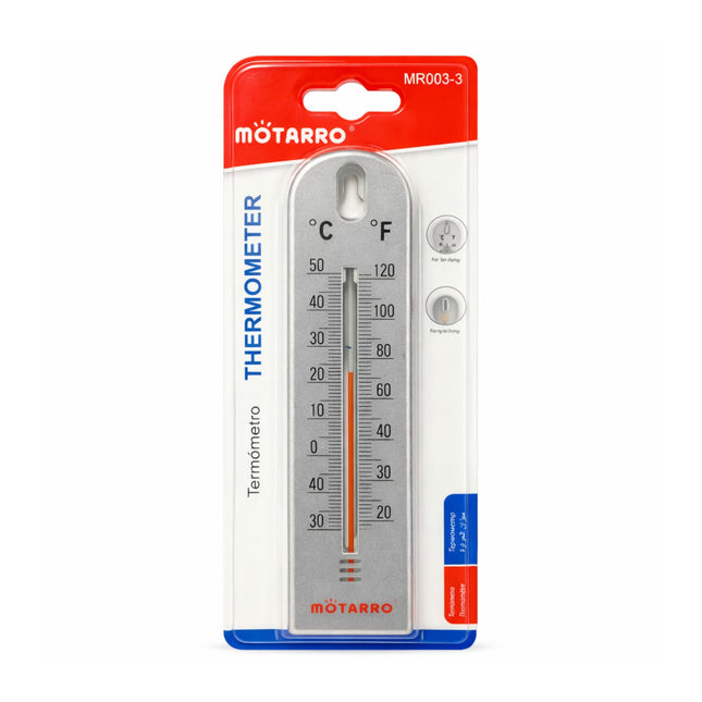 Motarro thermometer packaging with temperature scale on a white background