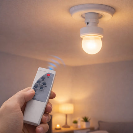 Hand holding a remote control with a ceiling light in the background