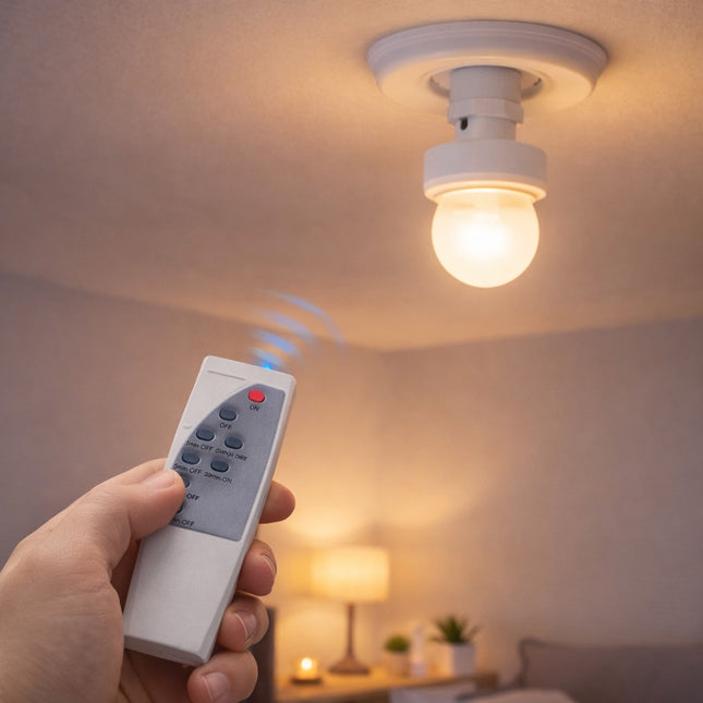 Hand holding a remote control with a ceiling light in the background