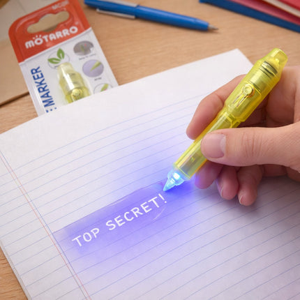 Hand holding a yellow highlighter pen over lined paper with 'TOP SECRET!' text, Motarro brand visible.