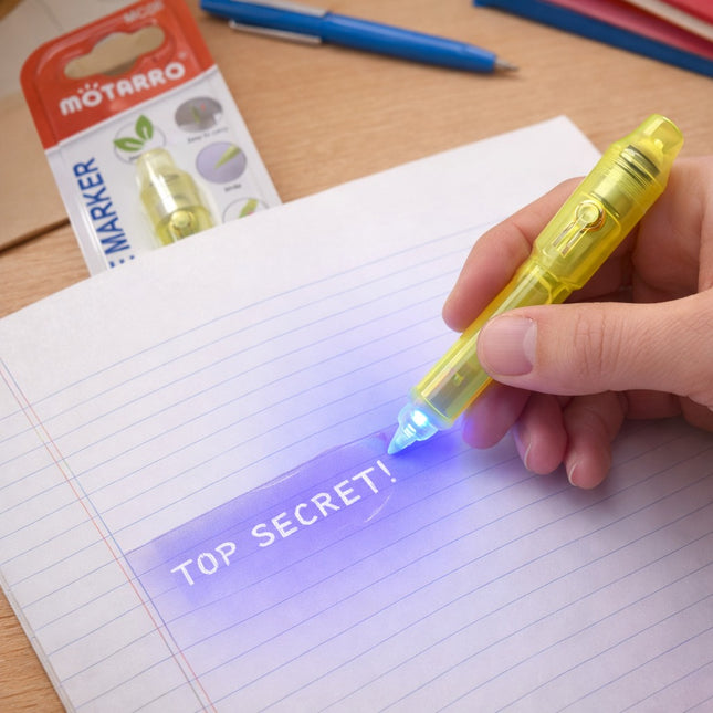 Hand holding a yellow highlighter pen over lined paper with 'TOP SECRET!' text, Motarro brand visible.