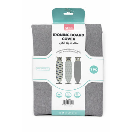 Gray ironing board cover with packaging on a white background