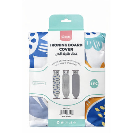 Packaging of an ironing board cover with branding and product details.