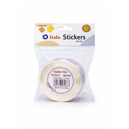 Pack of italo stickers with a roll of 'Thank You' stickers on a white background
