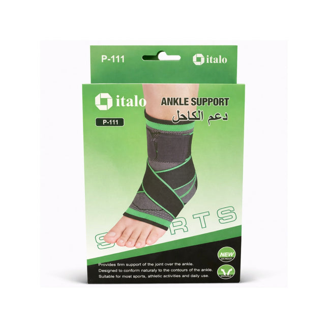 Ankle support packaging with green and black design on a white background