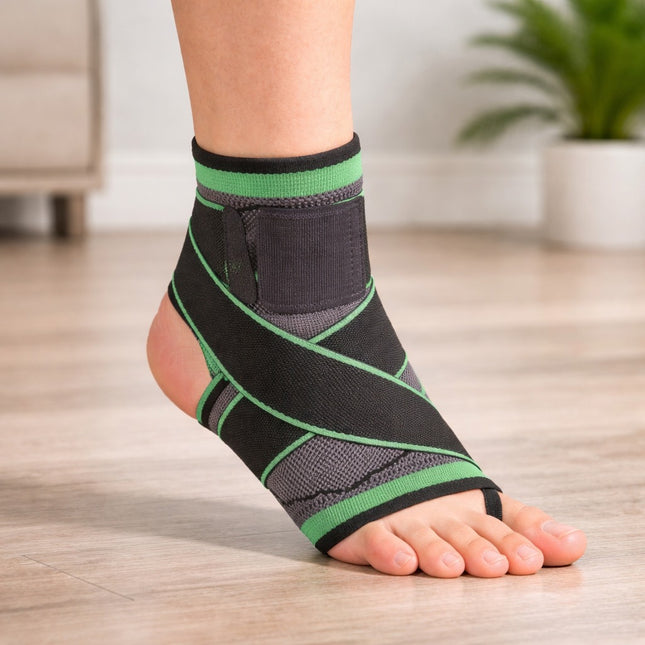 Ankle support brace with green accents on a foot, placed on a wooden floor.