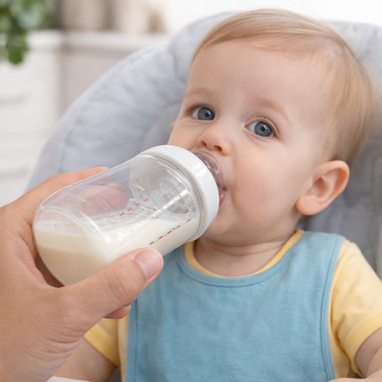 Baby drinking from a bottle held by an adult in a home setting