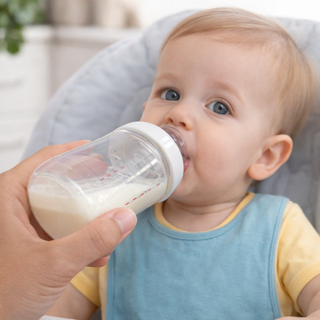 Baby drinking from a bottle held by an adult in a home setting