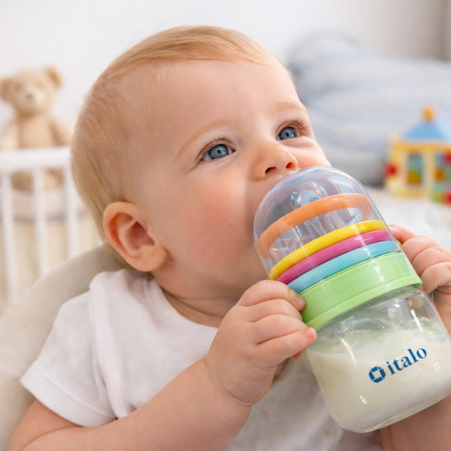 Baby holding a colorful bottle with 'italo' branding