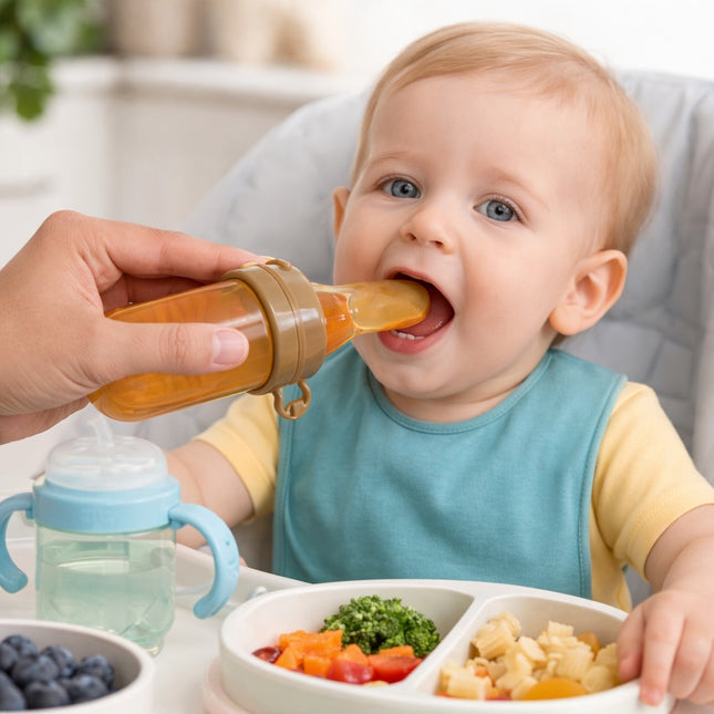 Baby being fed with a bottle and eating a meal at a table
