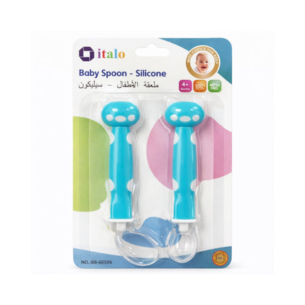 Packaging of two blue baby spoons with a white background