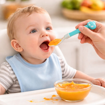 Baby being fed with a spoon and bowl of food, with fruits in the background