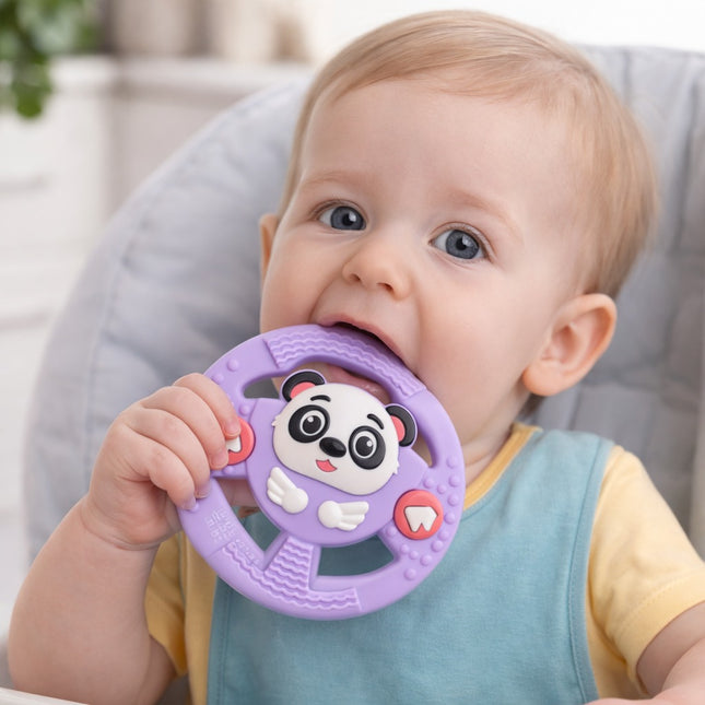Baby holding a purple teething ring with a panda design